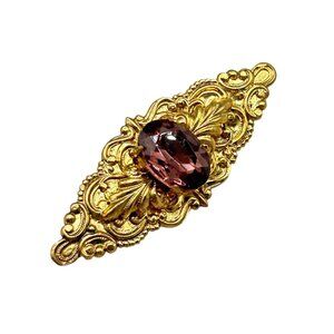 Vintage Pin Brooch Purple Glass Stone Ornate Gold Tone Metal Stamping Pin